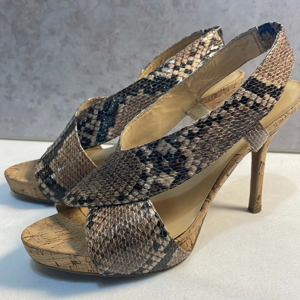 NINE WEST Snakeskin Cork Bottom 4” Heels Crossover Straps Sandals Classic 8.5M‎